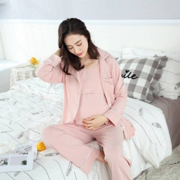3 Piece Women Soft Maternity Pajama Cotton Set Sleepwear Set for wholesale by The Lounge Edit
