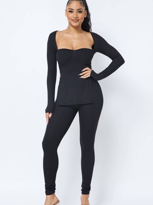 Side Slit Long Sleeve Top W Pant Set for wholesale by Belita Collection