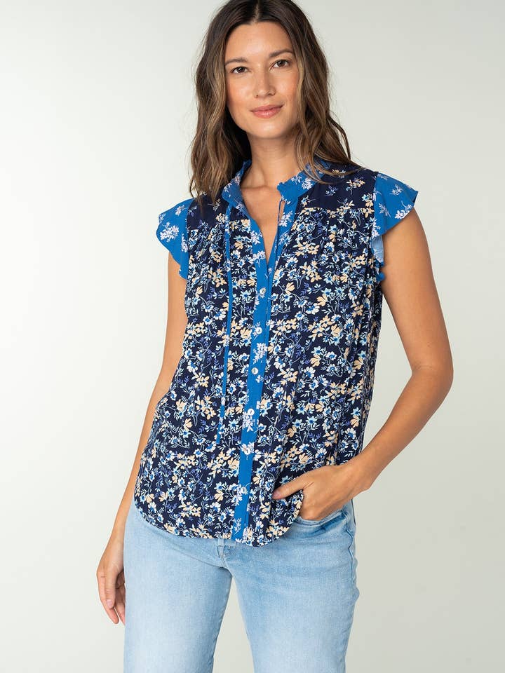 Vibrant Floral Flutter Sleeve Button Down Blouse for wholesale by Lovestitch
