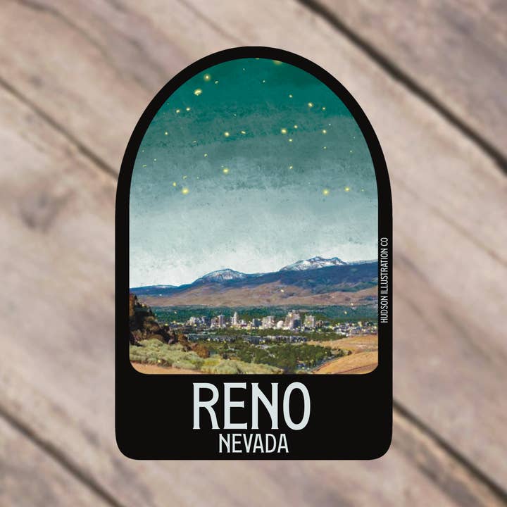 Pegatina, imán, impresión o postal de Reno Nevada para venta al por mayor de Hudson Illustration Co - About Town Co