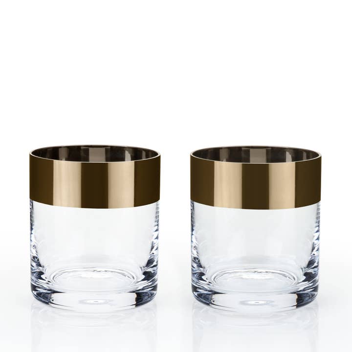 Viski - Wholesale Drinking Glass/Cup - Irving™ Bronze Rimmed Crystal Lowball Tumblers Set of 22
