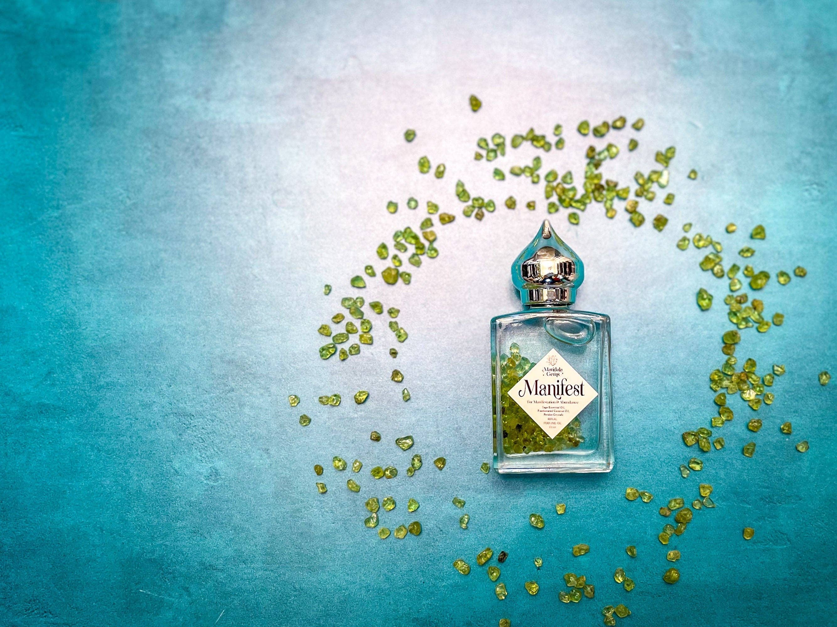 Mandala Gems – Engroshandel Duftolie – MANIFEST parfumeolie til MANIFESTATION med peridot + salvie æterisk olie6