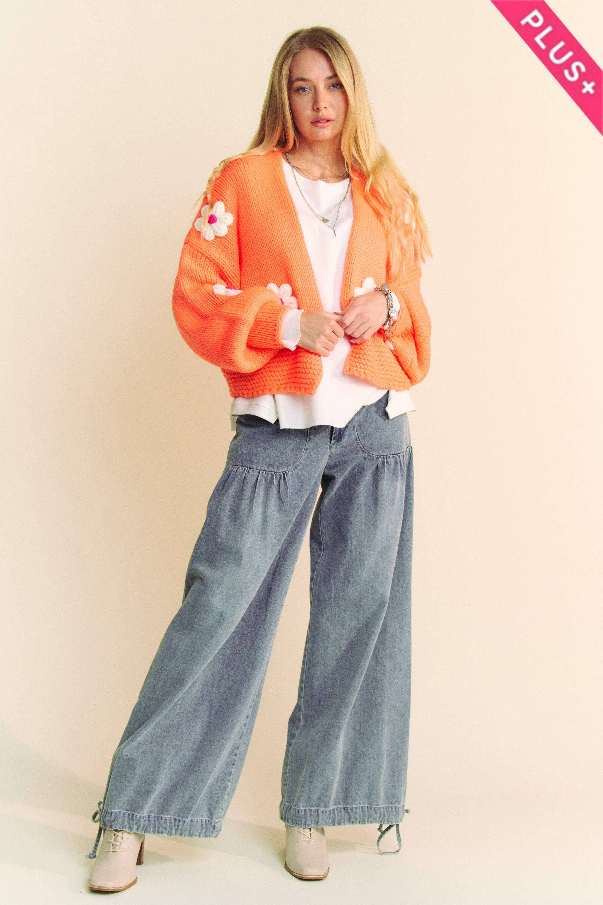 NEON ORANGE PLUS FLORAL APPLIQUE LANTERN SLEEVE CROP CARDIGAN for wholesale on Faire7