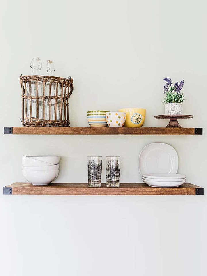 The Sylvia - Floating Shelves for Wall Mounted, Modern Rustic All Wood Wall Shelves, Set of 2 for Bedroom, Bathroom, Family Room, Kitchen with Decorative Iron Corners 36 x 8 x 2 in… for wholesale by Willow and Grace Designs Inc