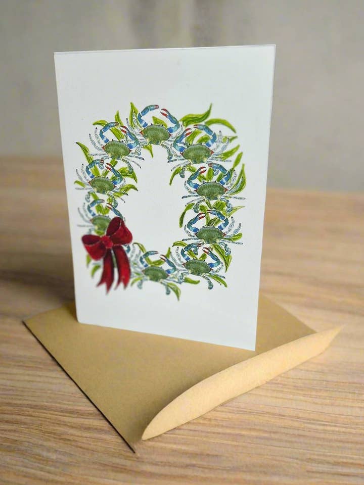Kerstkaart met Blauwe Krab Krans voor wholesale door WaterfordCourtStudio