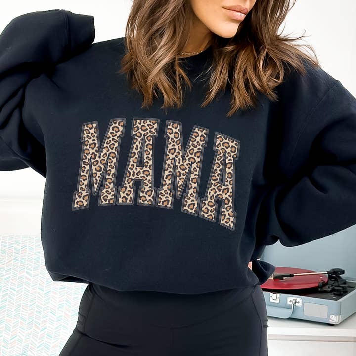 Mama Sweatshirt, Cheetah Mom Black Crewneck or T-shirt for wholesale by Tiny toes Baby Co