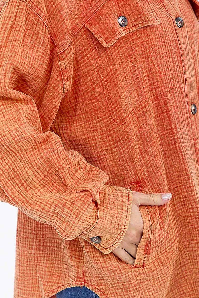 ROUSSEAU - Wholesale Button Down Shirt - Women's - BUTTON UP FRONT POCKETS WASHED OVERSIZED SHIRT2