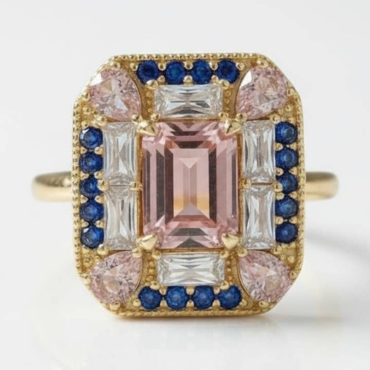 Vivian Grace Jewelry - Wholesale Cocktail/Statement Ring - Sapphire Morganite Art Deco Cocktail Ring- Lab Created Gemstones0