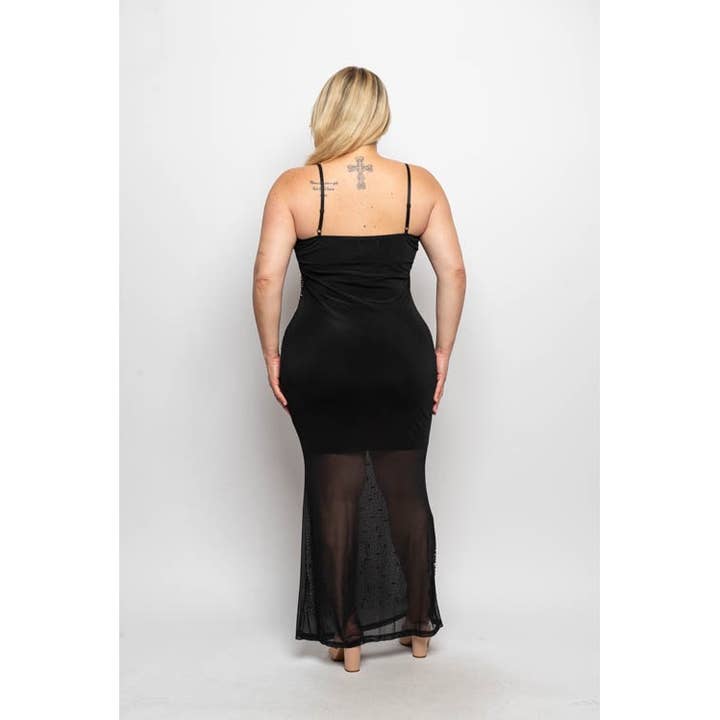 Black PLUS SIZE MESH RHINESTONE STUDDED BODYCON MAXI DRESS for wholesale on Faire