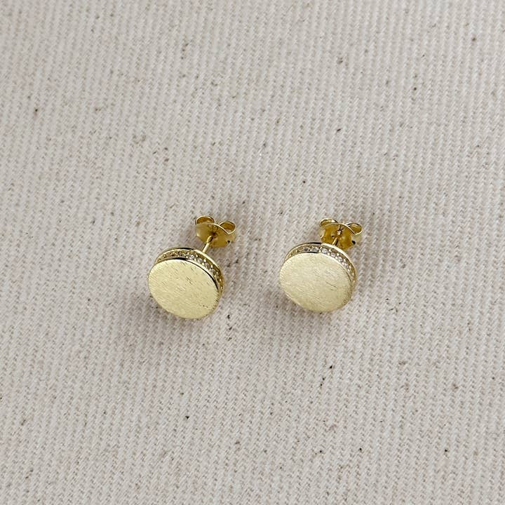 GoldFi – wholesale Stud/post earrings – 18k Gold Filled Brushed Button Stud Earrings With CZ Detail2