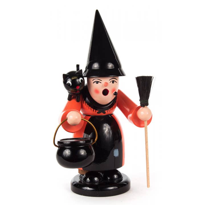 Sorcière avec chat noir et chaudron, fumeur d'encens allemand pour la vente par Pinnacle Peak Trading