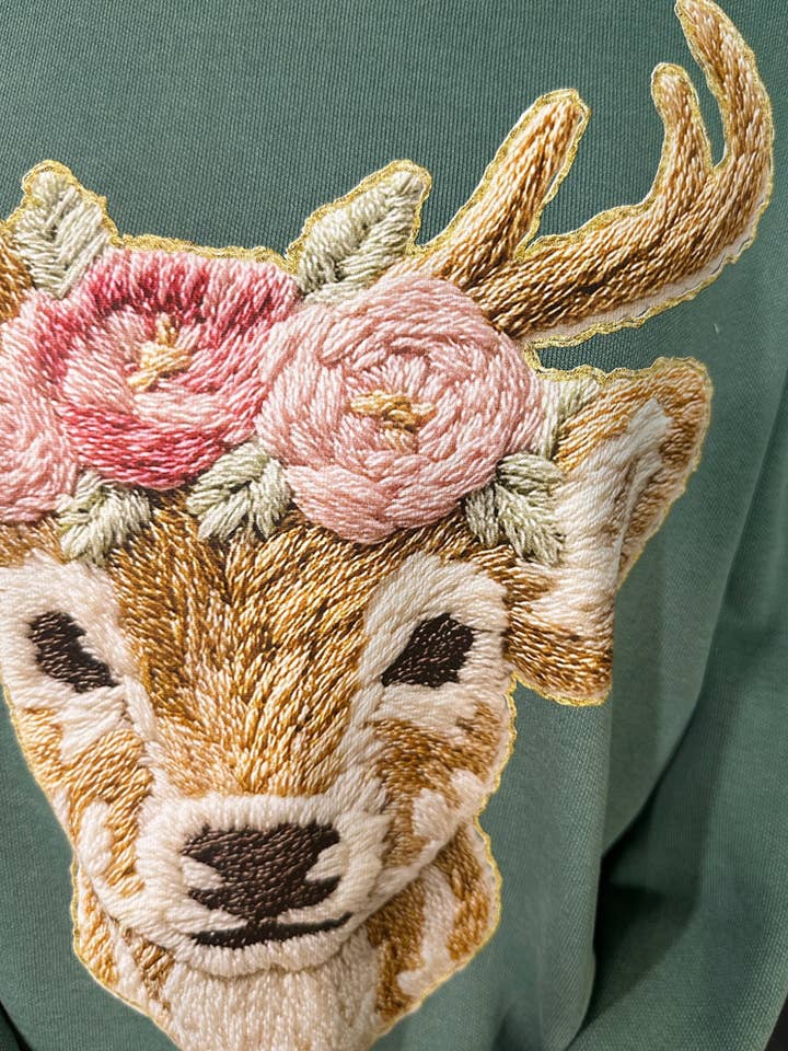 4Twenty4 Printed Apparel - Wholesale Graphic Sweatshirt - Women's - French Knot Floral Deer Sweatshirt1