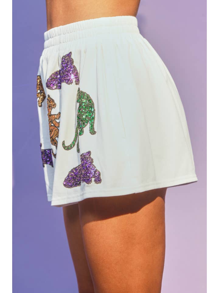 WHITE Mardi Gras Sequin Tiger Shorts for wholesale on Faire
