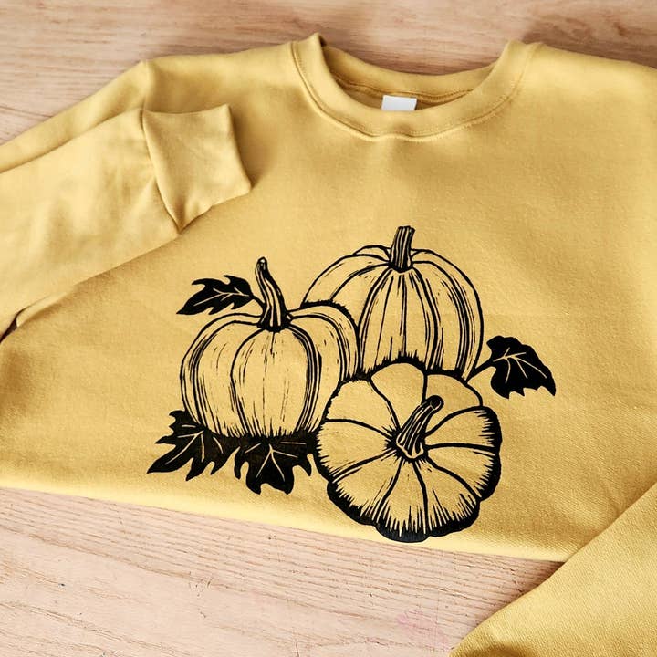 Pumpkin sweatshirt, unisex hand printed fall crewneck, block printed pumpkin patch illustration, soft linocut jumper, ethical fashion for wholesale by M.E. Image