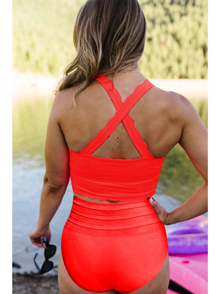 EG fashion - Wholesale Two Piece Swimsuit - Women's - Pink Scalloped Sleeveless High Waisted Two Piece Swimsuit19