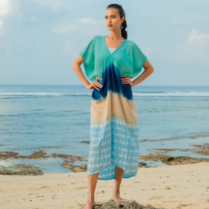 Ombre Strped Kaftan Dress - Blue & Tan for wholesale by Suzie Blue Canada