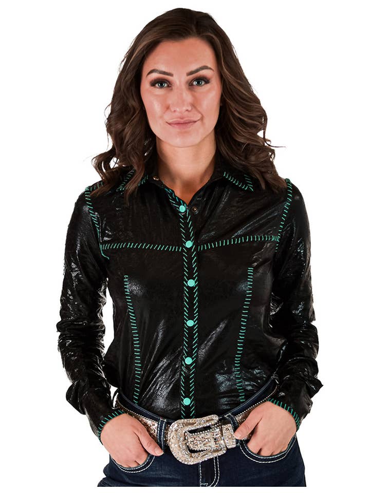 Pullover Button Up Black Faux Leather Turquoise Embroidery for wholesale on Faire