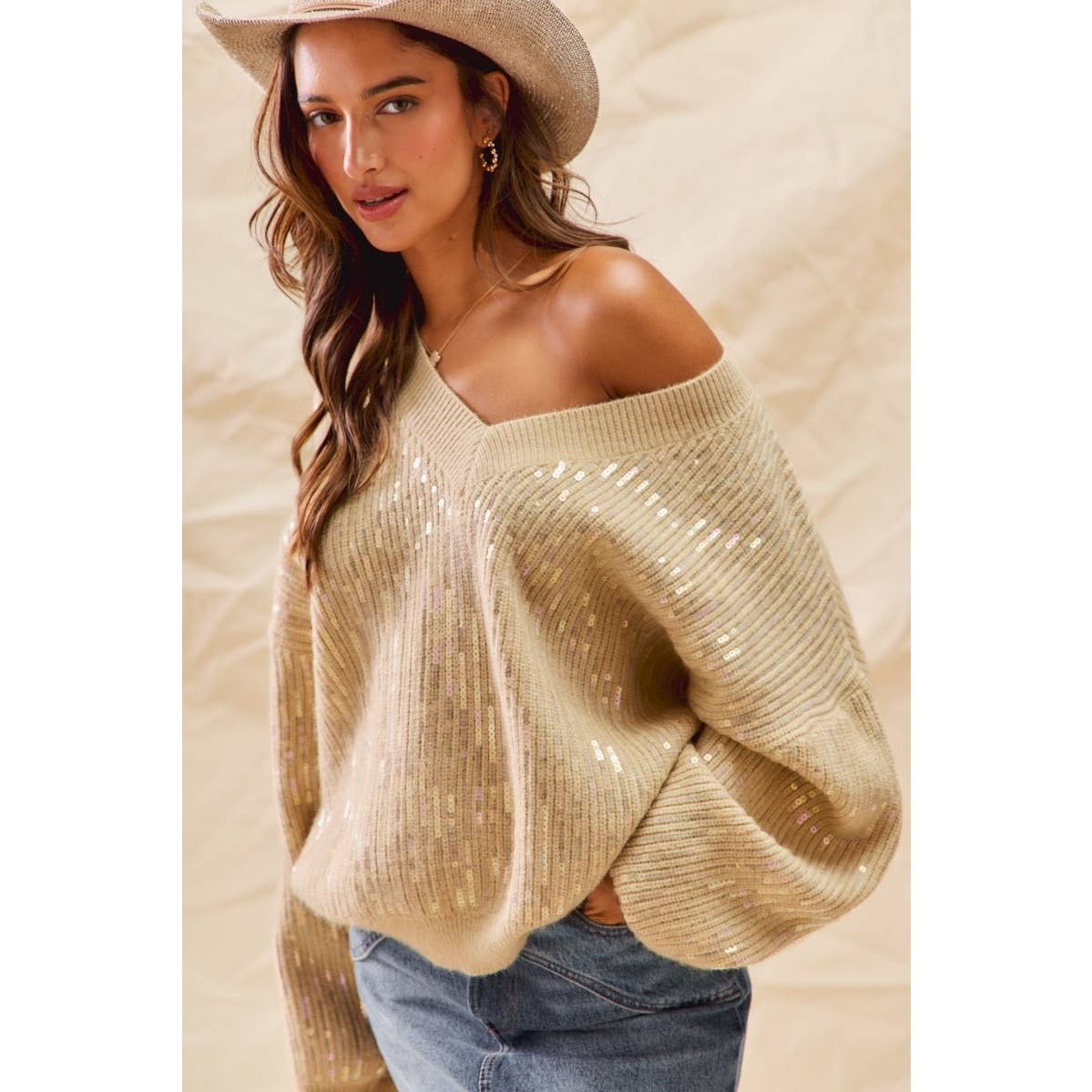 IVE - Vente Pull en maille – femme - Haut Pull de Noël à Col en V avec Paillettes Transparentes de Vacances10