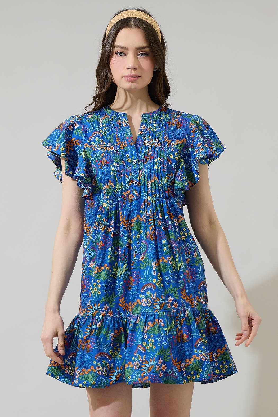 COBALT COMBO Ruya Floral Lizzy Pleated Ruffle Mini Dress for wholesale on Faire0
