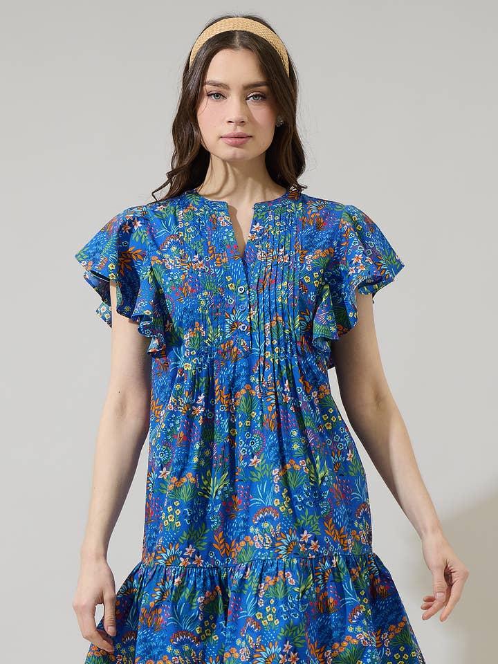 COBALT COMBO Ruya Floral Lizzy Pleated Ruffle Mini Dress for wholesale on Faire0