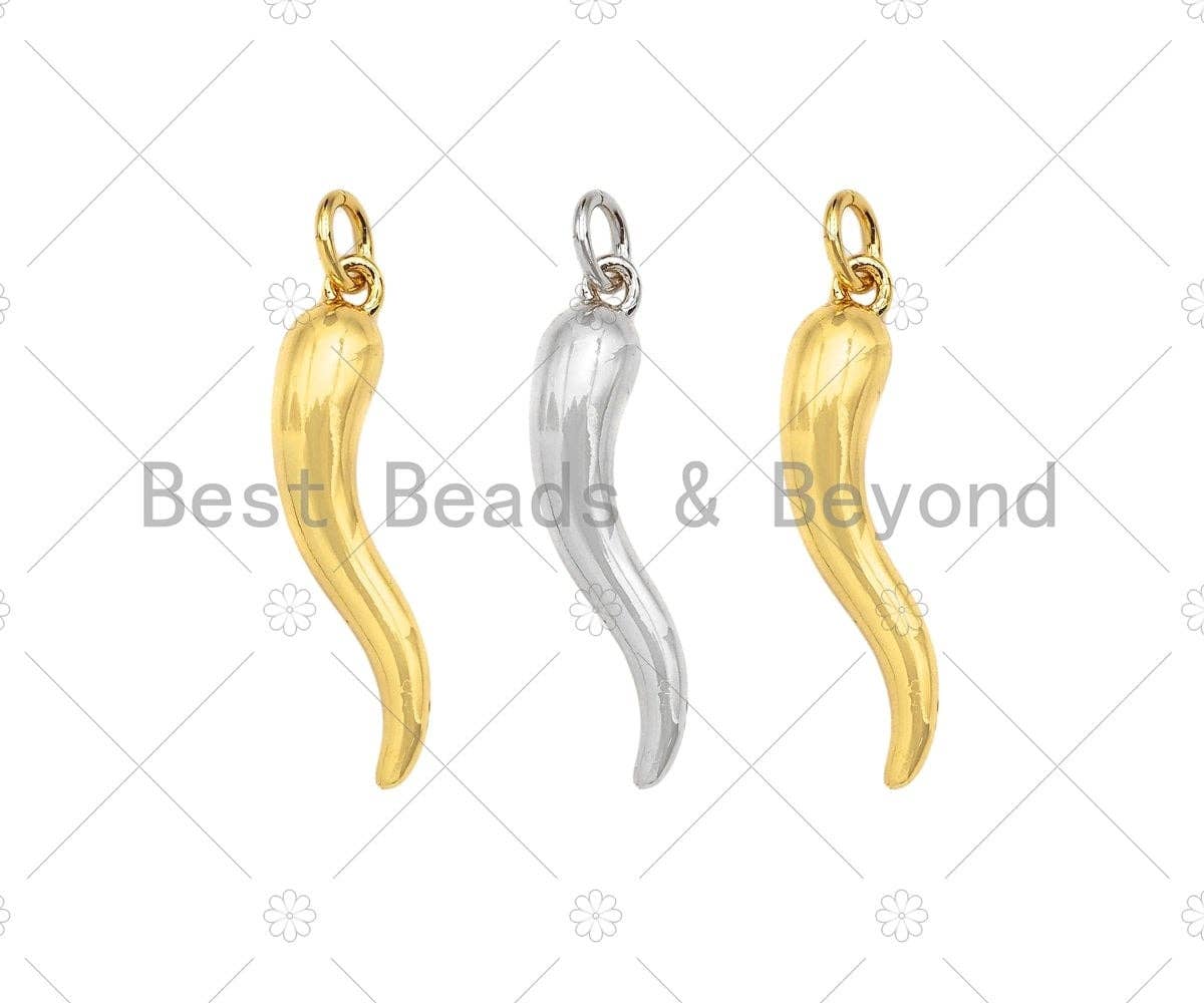 BestBeads&Beyond – Pendente/pingente individual por atacado – Pingentes Charme Chifre Italiano Brilhante 18k em Ouro/Silver, Proteção, Formato Pimenta, para Pulseira e Colar, 5x26 mm, sku#L4570