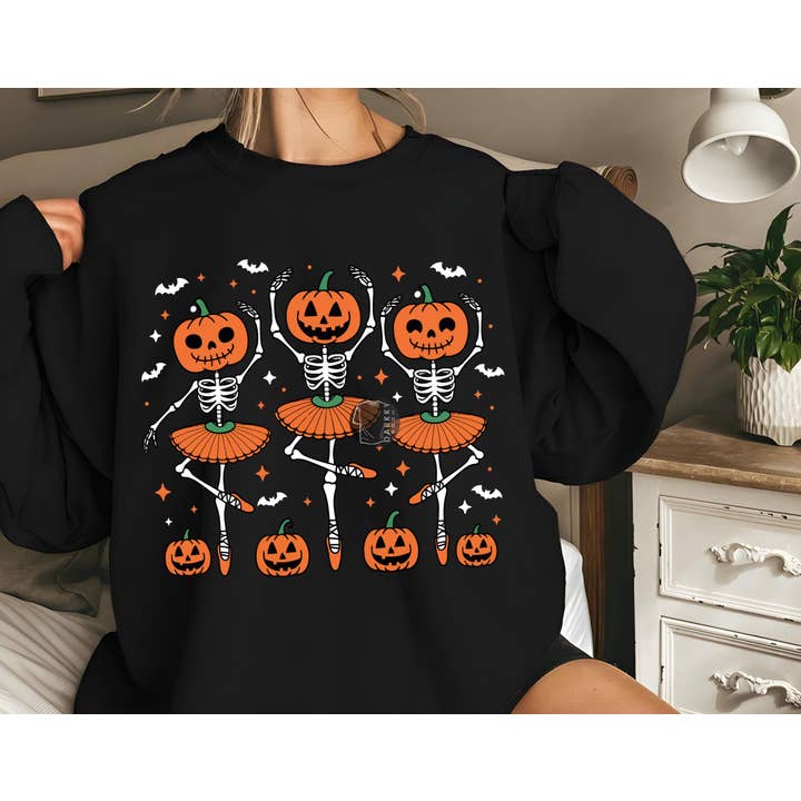 NVC Ecommerce LLC - Wholesale T-Shirt (Graphic) - Women's - Ballet Dancing Skeleton Tee, Halloween Pumpkin Sweater2