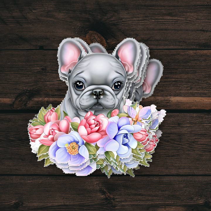 Adesivo Cane | Design Floreale Bulldog Francese | Decalcomania in Vinile per la vendita all'ingrosso da parte di PiggyPrintStickers