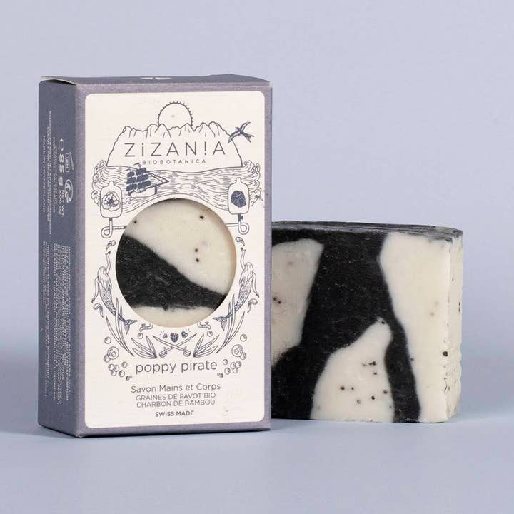 Poppy Pirate - Soap with organic poppy seeds & charcoal for wholesale by Zizania Biobotanica