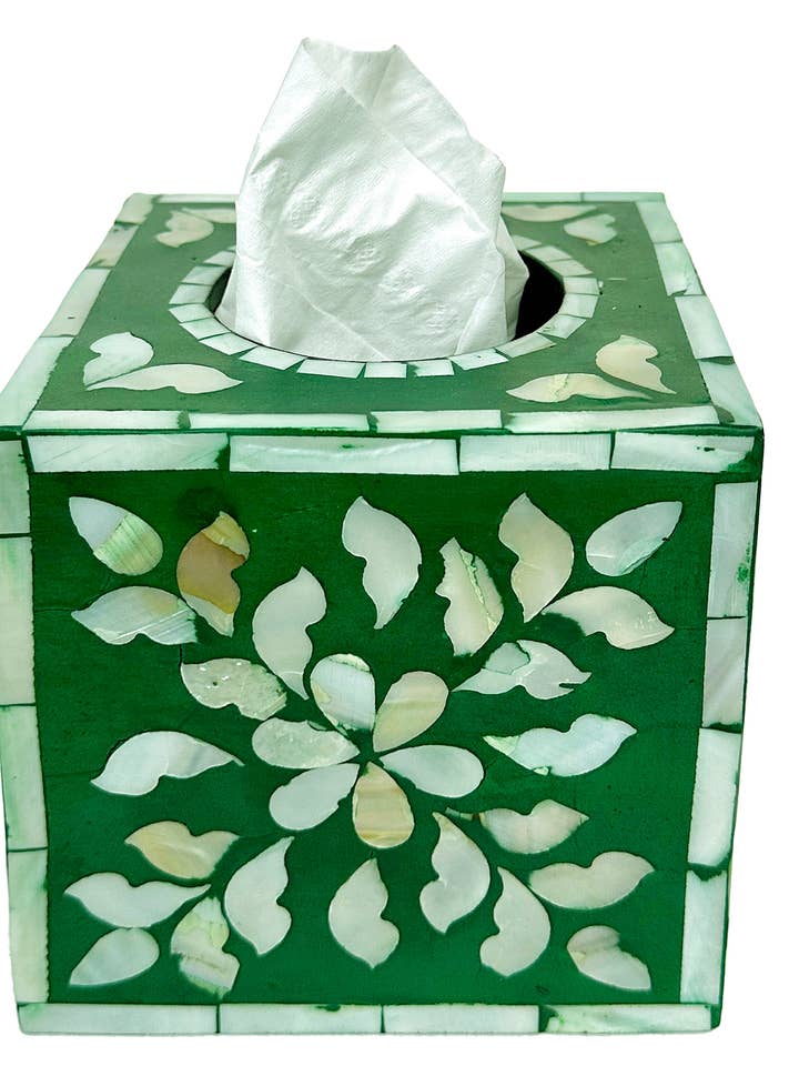 Mother of pearl inlay tissue box cover green for wholesale by Abahna