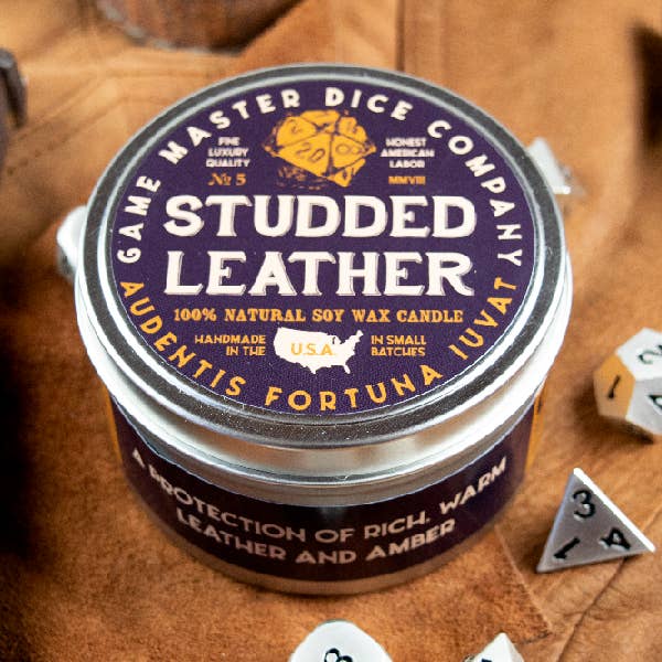 Game Master Dice - Wholesale Travel Candles - Studded Leather Gaming Candle