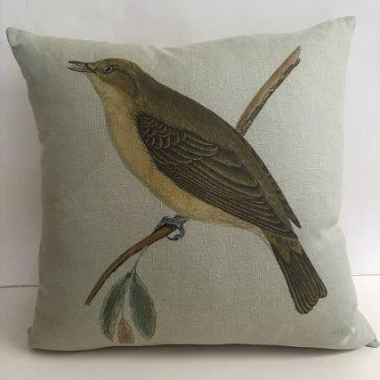 Songbird-kussen op zeegroen linnen voor wholesale door Ox Bow Decor