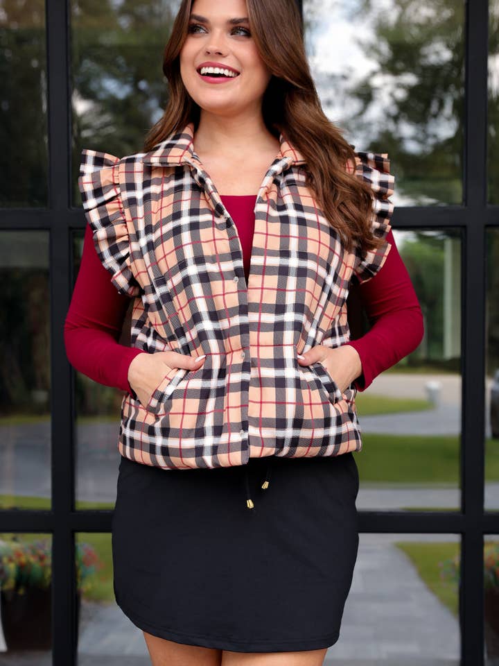 Nora Plaid Puffer Vest for wholesale by Jess Lea