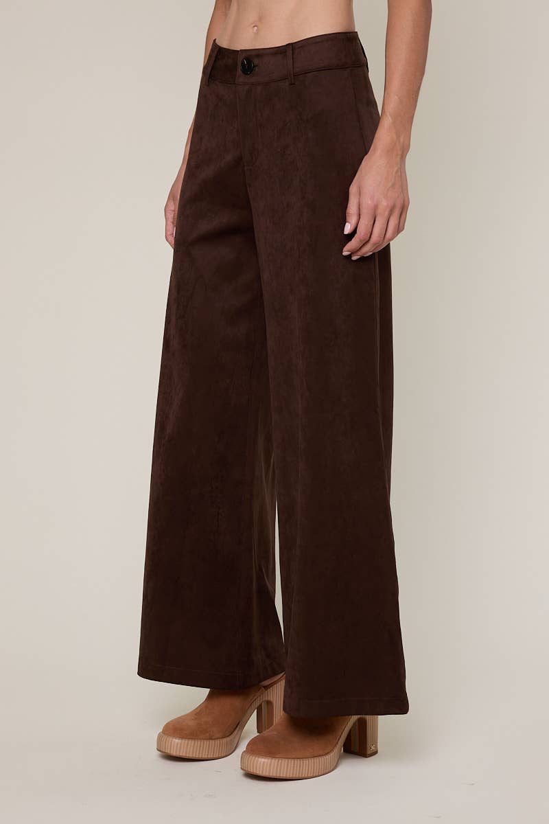 Sky to Moon - Vente Pantalon – femme - PANTALON ÉVASÉ LONG UNI EN DAIM À TAILLE MI-HAUTE5