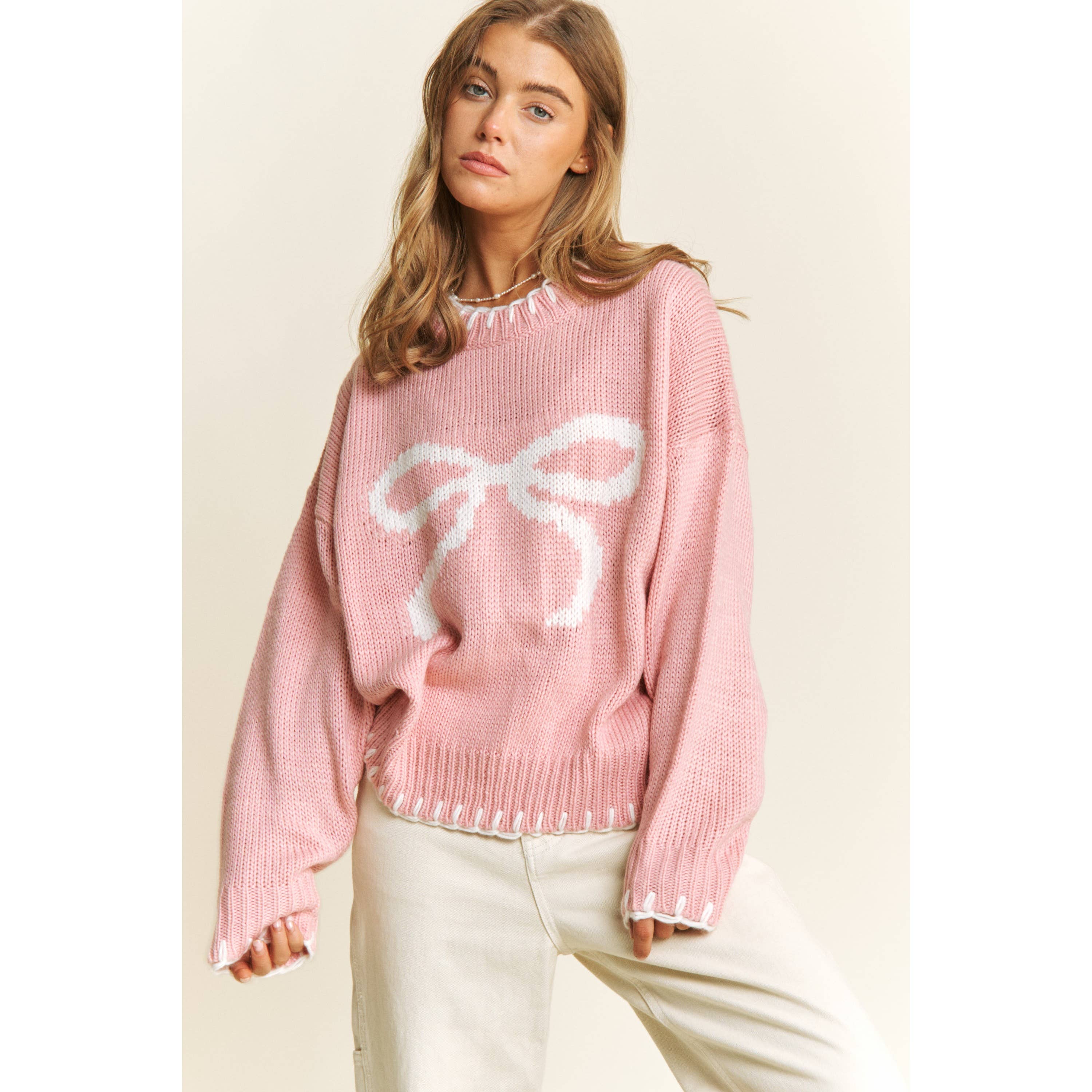 Sweet Generis - Vente Pull en maille – femme - Pull col rond de fête avec gros nœud et surpiqûres contrastées6