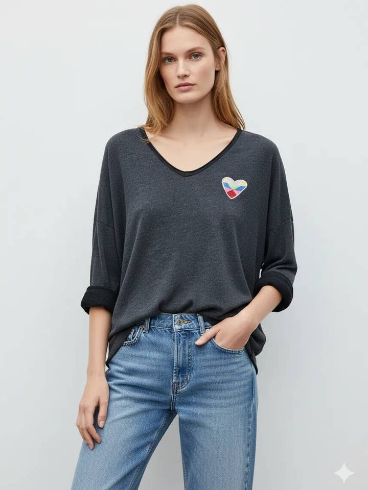 Mimi & Gogo - Vente Sweat-shirt – femme - Sweat-shirt brodé cœur à multi couleurs @5105_SweatMultiCoeu15