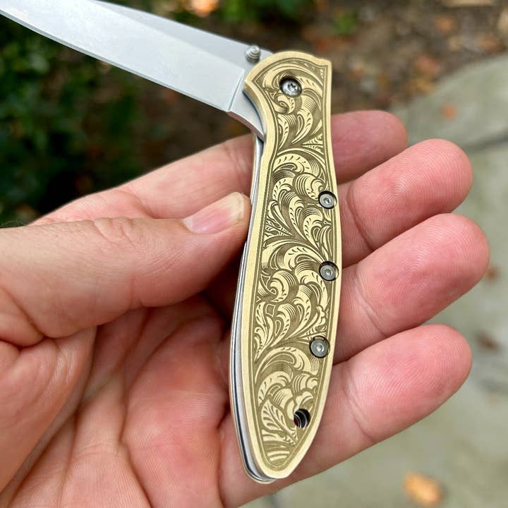 Defcon Supply - Wholesale Pocket Knife/Holder - Kershaw Leek Knife | Custom Brass Handle Filigree Design | Made in USA |0