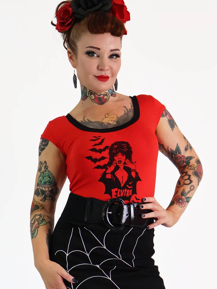 BONSAI KITTEN - Wholesale Screen printed t-shirt – Women′s - Red & Black Elvira Tee Shirt1