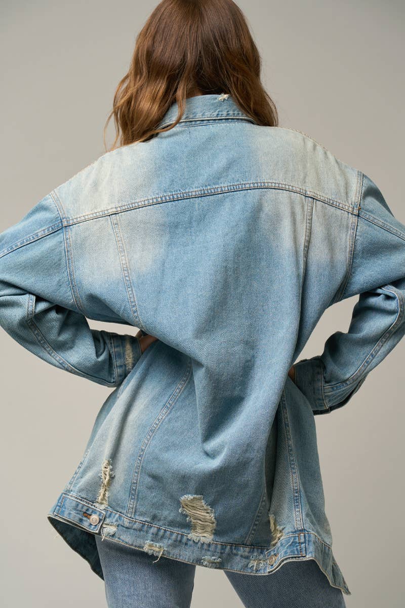 LIGTH Plus Flap Pockets Ripped Washed Denim Jacket for wholesale on Faire5