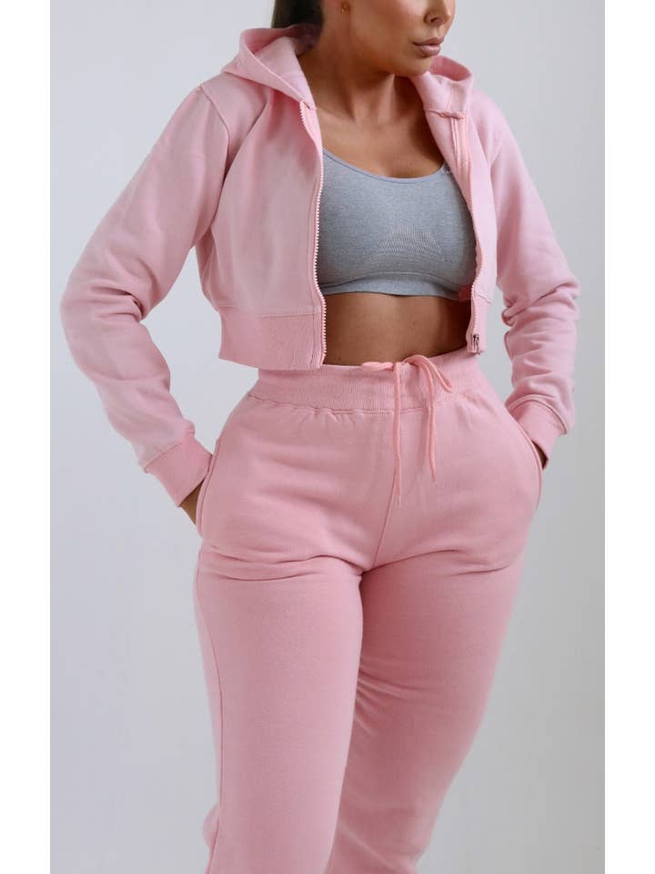 Femme Luxe – wholesale Lounge set – Women's – Pink Zip Up Crop Hoodie & Joggers Loungewear Set - Nell