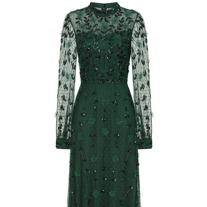 Vestido Maxi Verde Floresta Tropical Isadora com Apliques por atacado de Frock & Frill