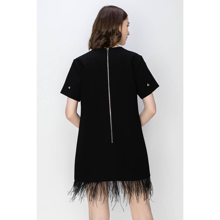 INA - Wholesale Dress - Women's - Short Sleeve Jeweled Feather Hem Mini Dress