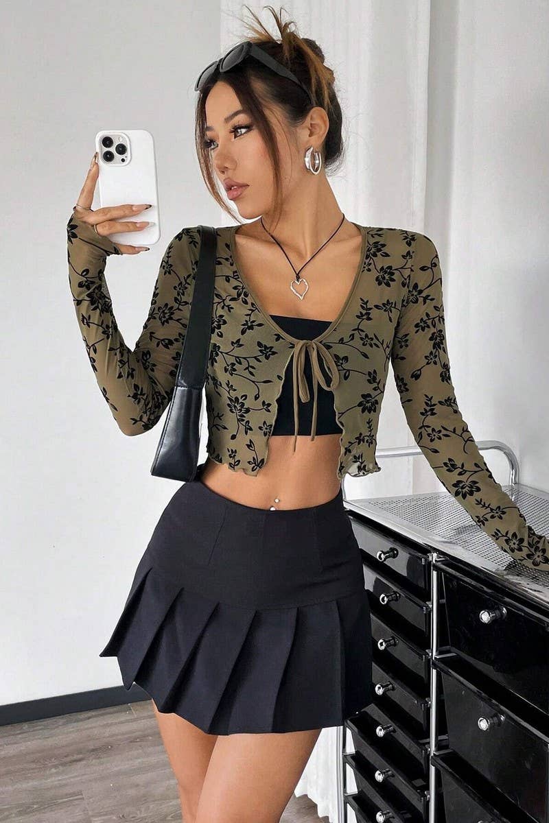 NINEXIS - Wholesale Blouse - Women's - CWTBLL3561_SHEER MESH FLOCKED LACE-UP LONG SLEEVE TOP7