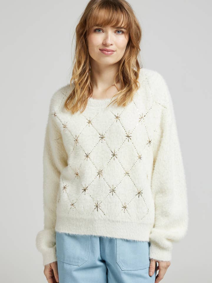 PEPITE - Elegant cremefarvet trøje med pailletter - Andy & Lucy for engroshandel hos Andy & Lucy