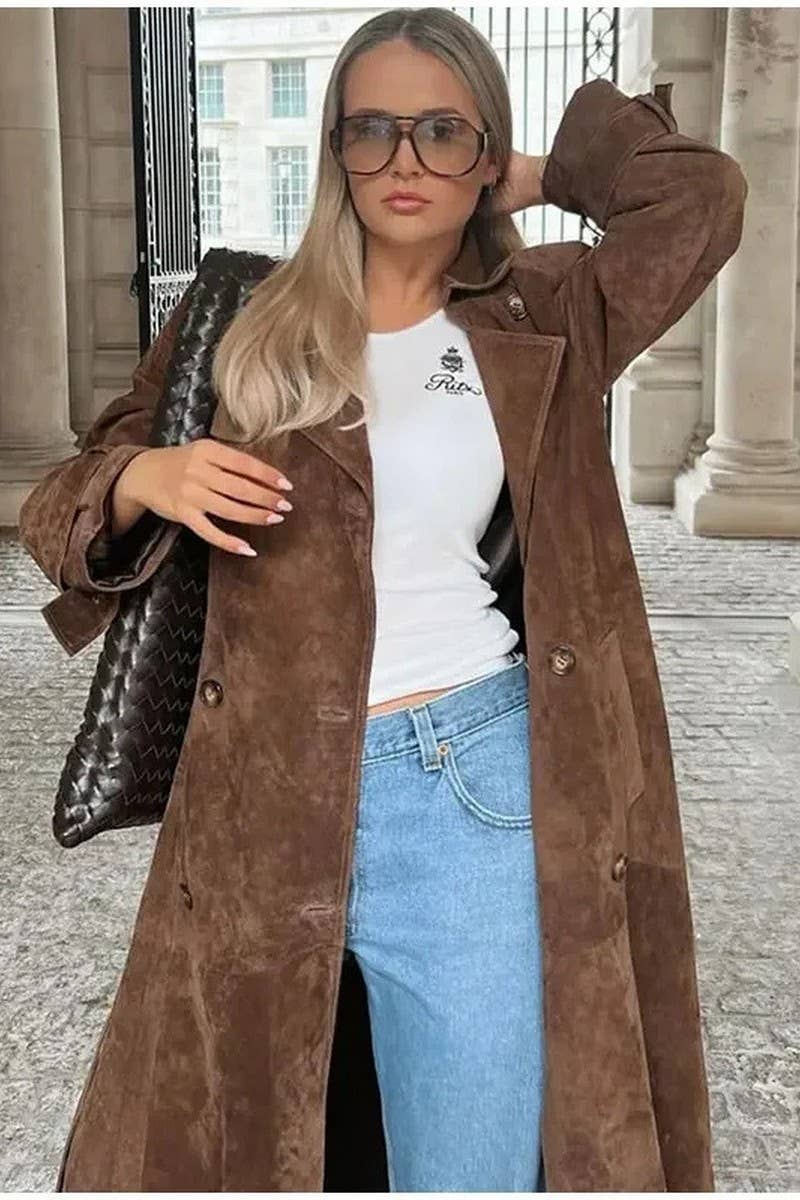 COFFEE CWOCO1075_DOUBLE BREASTED LAPEL FAUX LEATHER LONG COAT for wholesale on Faire6