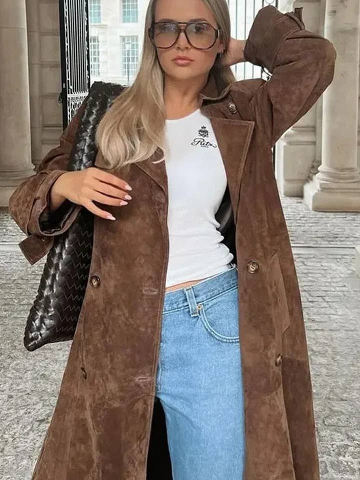 COFFEE CWOCO1075_DOUBLE BREASTED LAPEL FAUX LEATHER LONG COAT for wholesale on Faire6