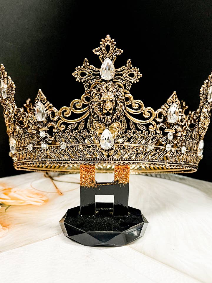 Vintage Lion King Gold Crown, Clear Crystal Crown for Groom for wholesale by Happy Dream Gifts