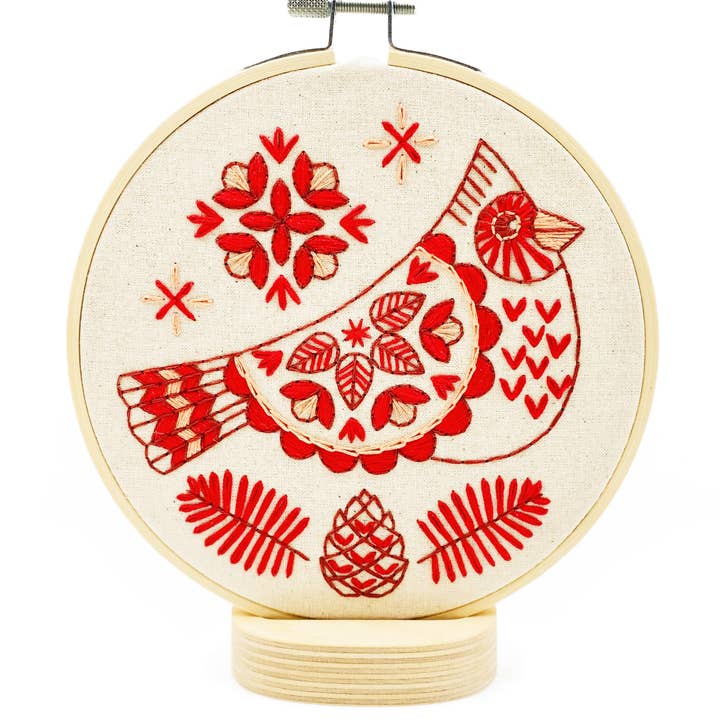 Hook, Line & Tinker Embroidery Kits - Wholesale Embroidery/Cross Stitch Supplies - Folk Cardinal Complete Embroidery Kit