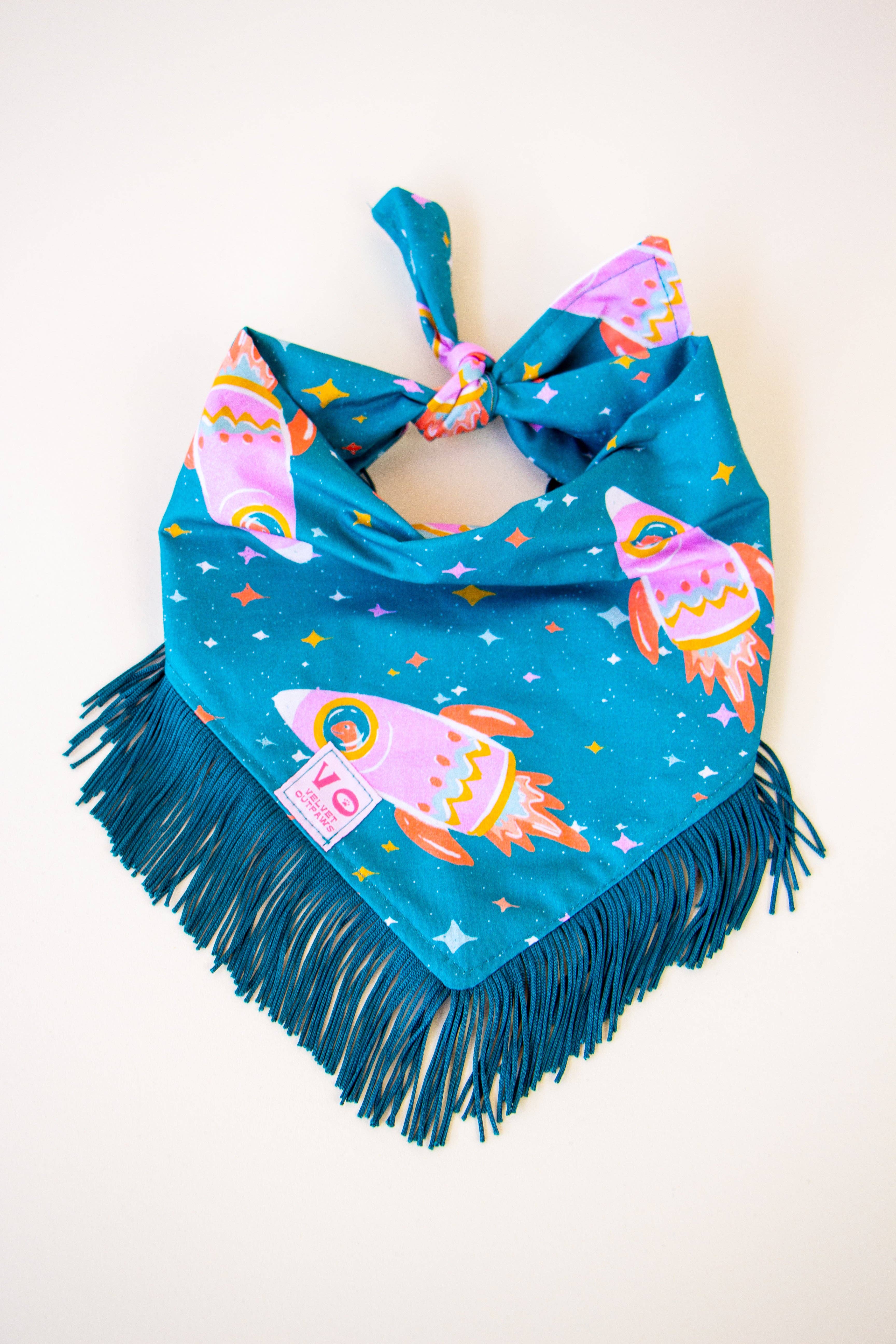 Velvet Outlaw - Wholesale Pet Bandana - Dog - Space Cowboys with Teal Fringe Dog Bandana13