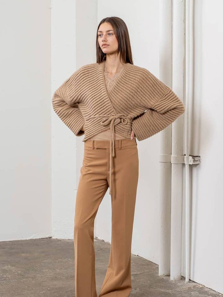 Moon River - Wholesale Cardigan - Women's - WRAP SIDE TIE RIBBED KNIT CARDIGAN