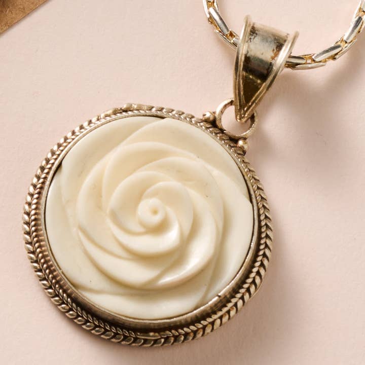 Ten Thousand Villages - Wholesale Pendant/Charm Necklace - Bagaica Rose Carved Bone Necklace